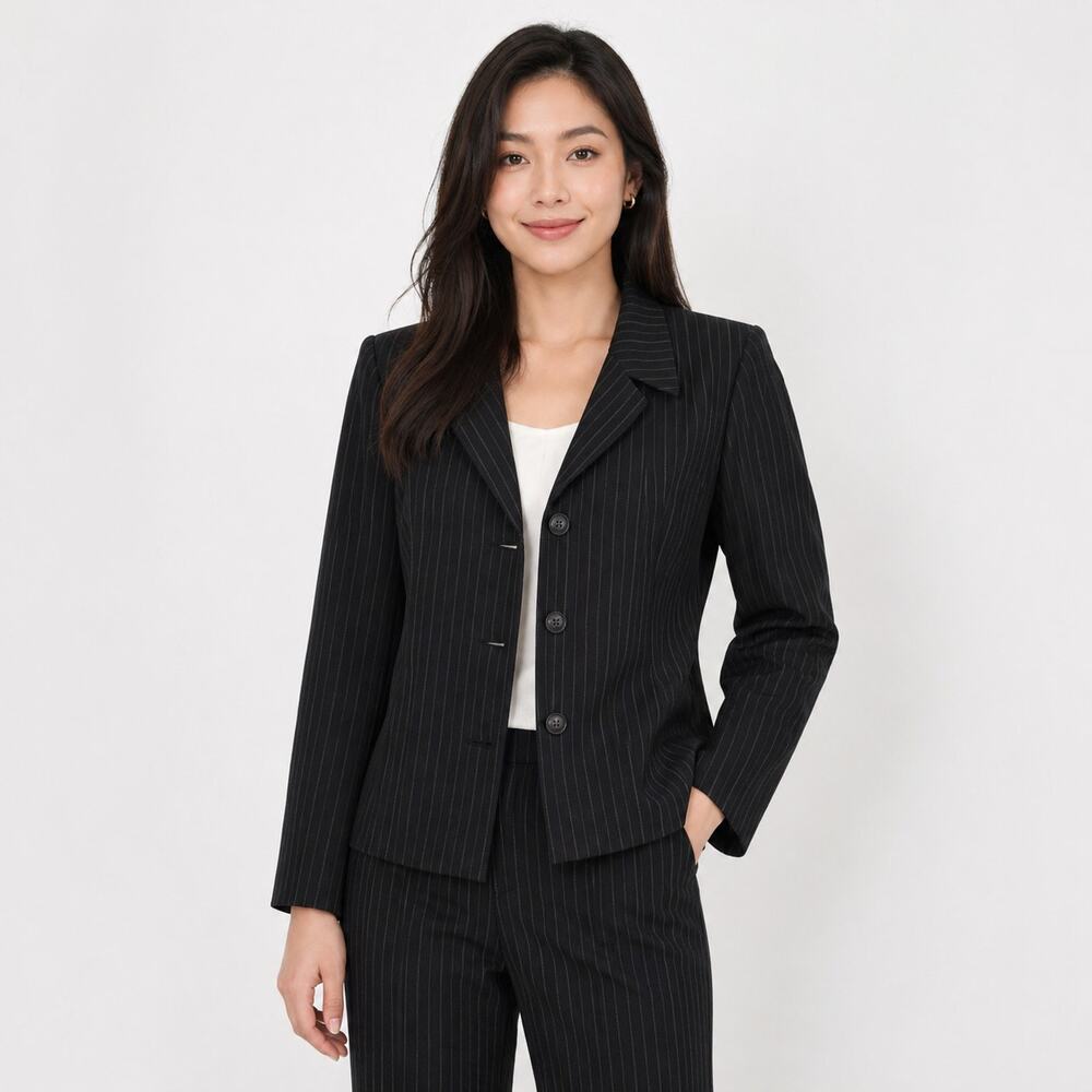 Y2K Kasper Women's Blazer Size 12P Striped Padded Shoulder Office Siren Pockets